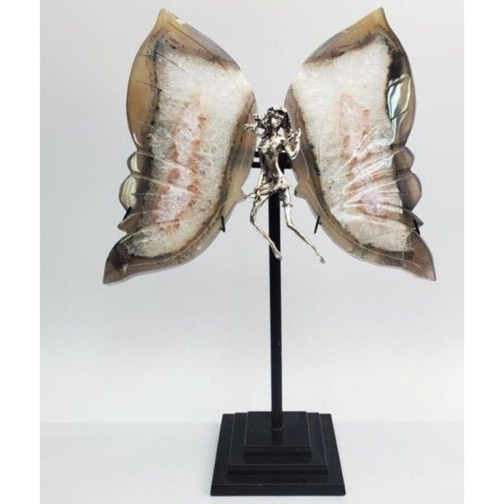 Metal Silver Plated sculpture of a Dancing fairy with Spread Agate wings H-11.5"